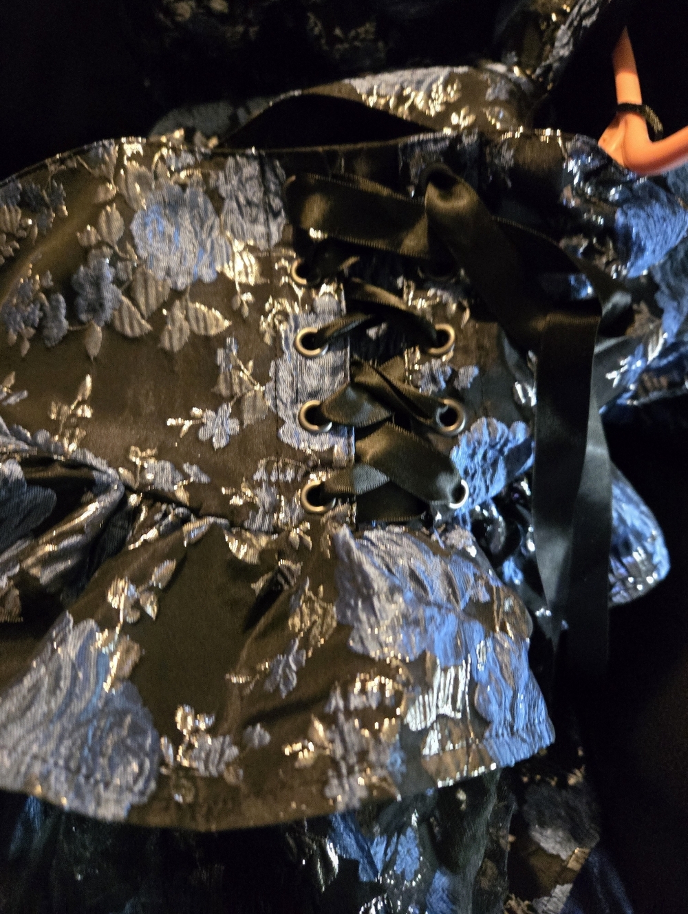 S. the Widow Black and Blue Brocade Corset Top with Ribbon Lacing
